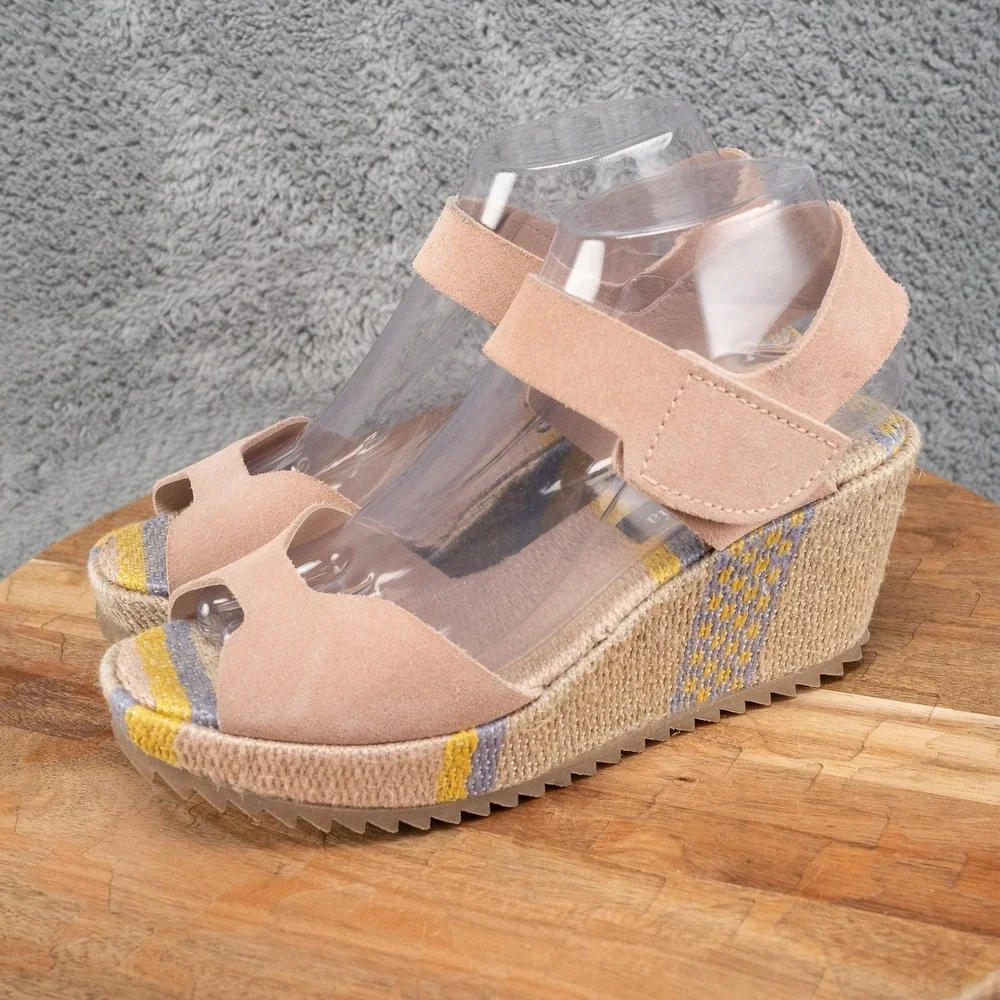 Pedro Garcia Leather Suede Wedge Sandals Ankle Strap Multi Color Sz 38 US 8